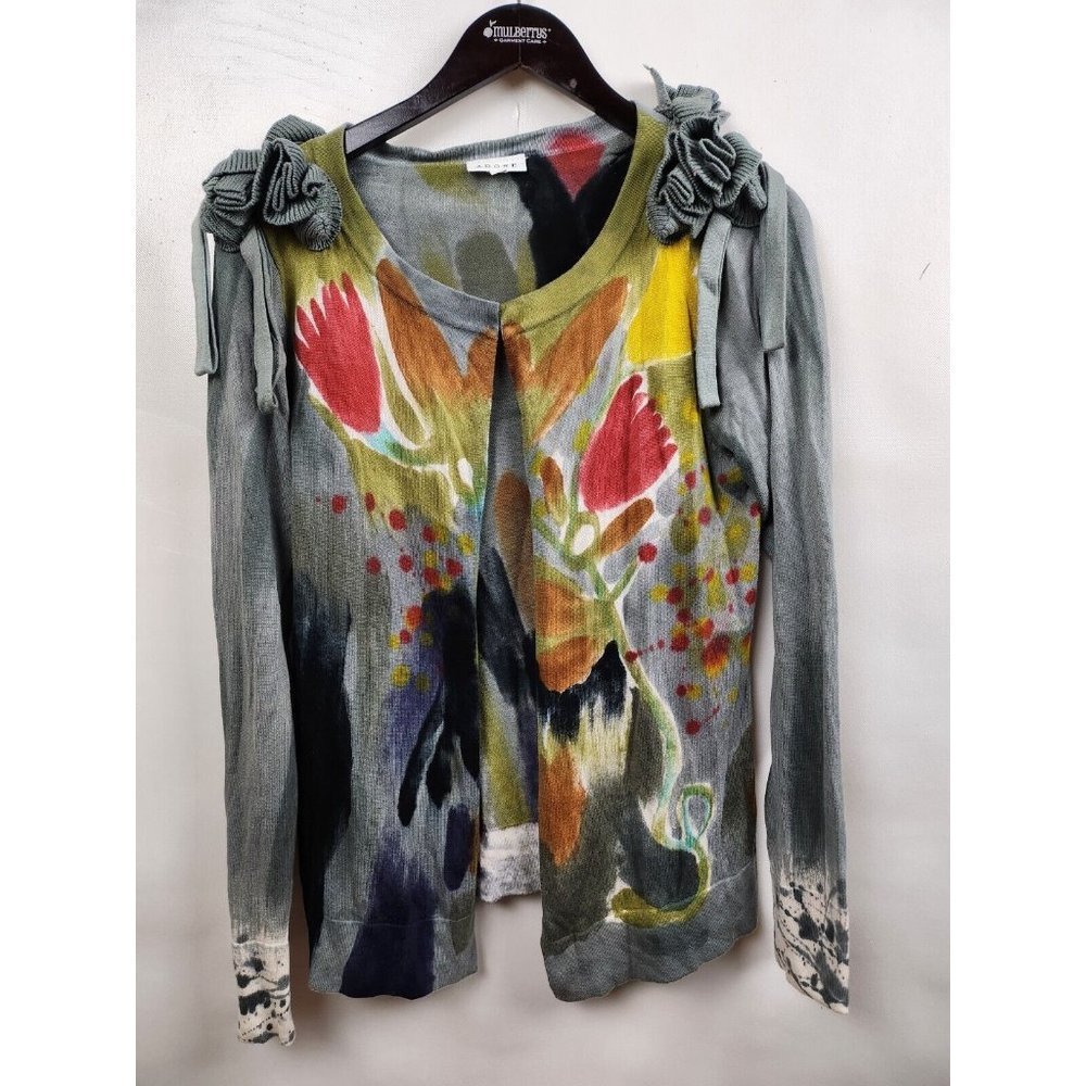 Anthropologie Adore Gray Abstract Knit Shoulder Accent Cardigan Sz Medium